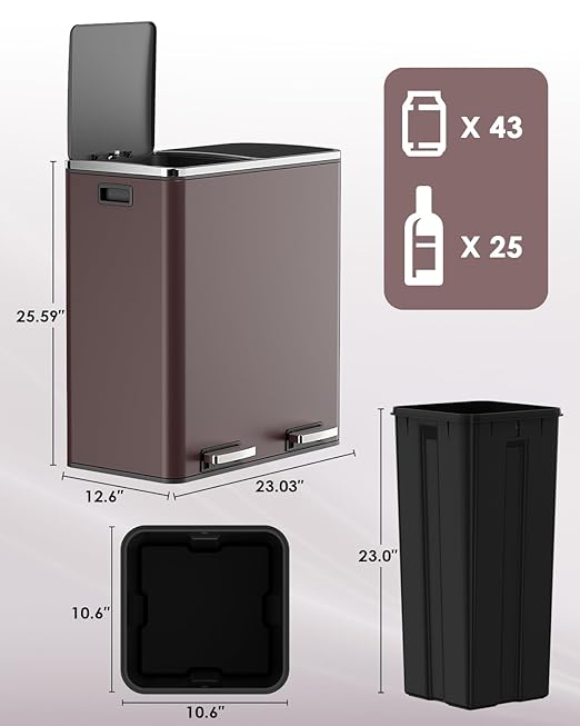 AthLike 60L(16 Gal) Dual Trash Can, Stainless Steel Kitchen Garbage Can, Double Compartment Classified Rubbish Bin, Recycle Dustbin w/Plastic Inner Buckets, Handle, Soft-Close Lid, Airtight, Brown-DeskLoop Office