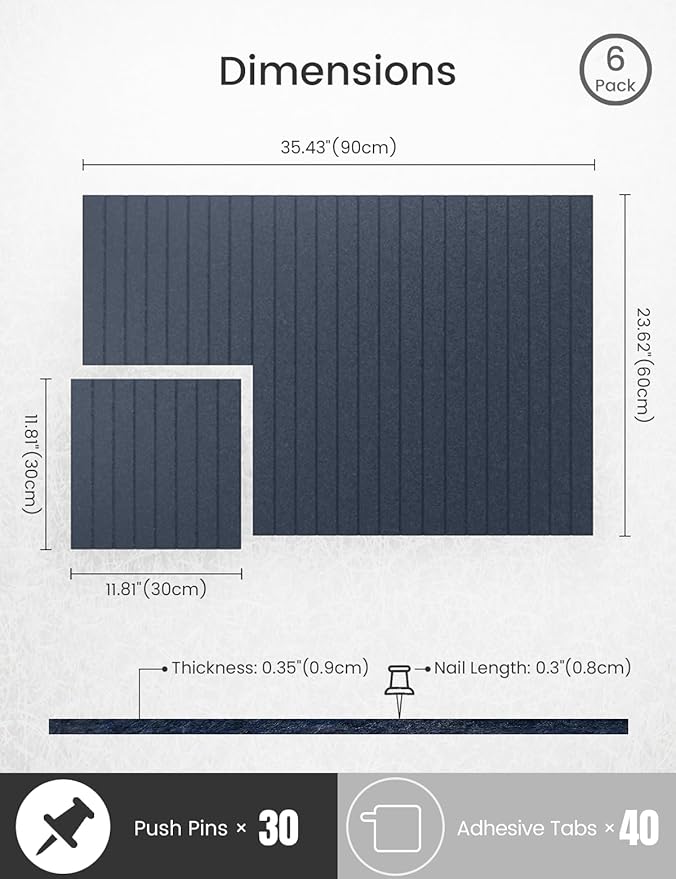 Bumusty Large Cork Board Alternative-36 x24 Felt Bulletin Board Tiles, with 30 Pushpins, 40 Adhesive Tabs, 6-Pack Slat Wall Paneling, Cork Boards for Office Push Pin Board Felt Board-Denim Blue-DeskLoop Office