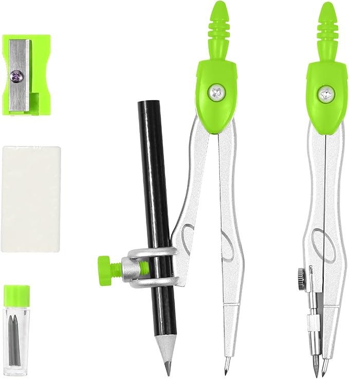 Math Geometry Kit Sets 10 Piece Student Supplies with Shatterproof Storage Box,Includes Rulers,Protractor,Compass,Eraser,Pencil Sharpener,Lead Refills,Pencil,for Drafting and Drawings(Green)-DeskLoop Office