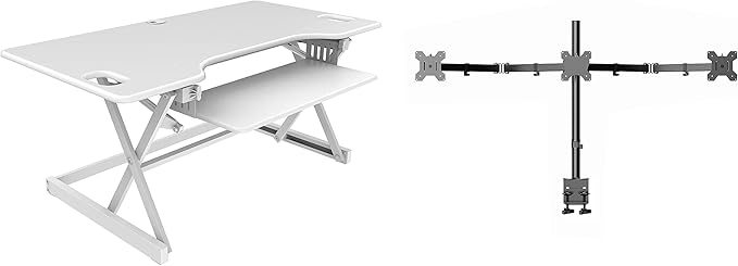 Rocelco 46" Large Height Adjustable Standing Desk Converter with Triple Monitor Mount BUNDLE - Quick Sit Stand Up Computer Workstation Riser - Retractable Keyboard Tray - White (R DADRW-46-DM3)-DeskLoop Office