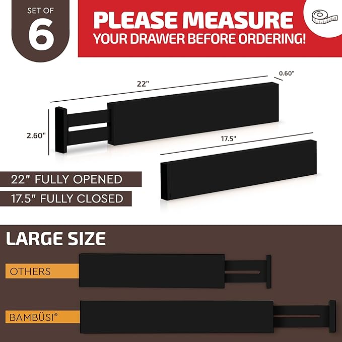 Large Kitchen Drawer Organizer - Expandable Bamboo Drawer Dividers (17" - 21.5") - Adjustable Separators for Kitchen, Clothes, Dresser, Bedroom, Bathroom, and Desk Drawers - 6-Pack (Black)-DeskLoop Office