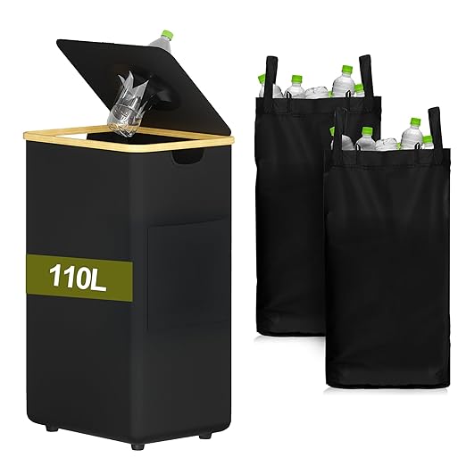 MinBoo Recycling Bin for Kitchen 29Gallon, 110L Recycle Bin with 2 Removeable and Reusable Inner Bag, Large Recycling bin with lid for Bottle Can Plastics Stickers (Black)-DeskLoop Office