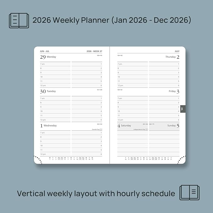 POPRUN 2026 Planner (Pocket Size 4''x 6.25'' Hardcover) - Small Calendar for Purse with Hourly Schedule & Vertical Weekly Layout, Monthly Calendars, 100 GSM - Pacific Green-DeskLoop Office