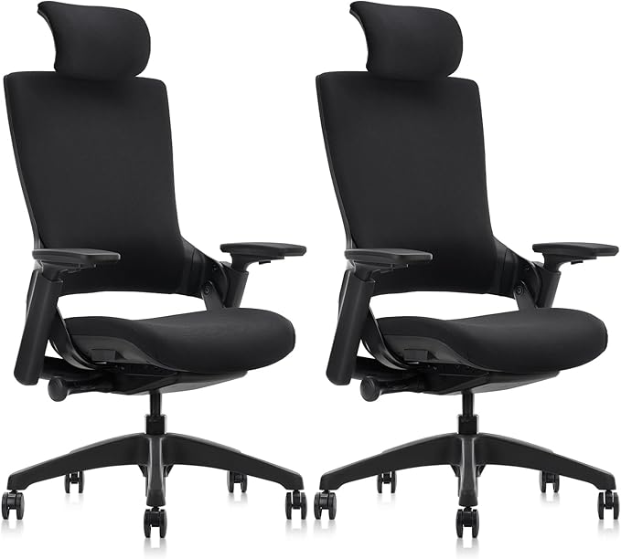 CLATINA Ergonomic High Swivel Executive Chair with Adjustable Height Head 3D Arm Rest Lumbar Support and Upholstered Back for Home Office Studio, Black Fabric, 2 Pack-DeskLoop Office