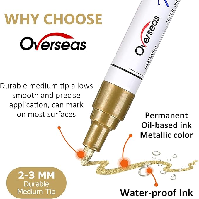 Overseas Gold Paint Pens Permanent Markers 24 Pcs, Oil Based Paint Markers Set, Quick Drying, Waterproof, Medium Tip Marker Pens for Metal, Rock, Wood, Plastic, Canvas, Glass, Stone, Rubber, Paper-DeskLoop Office
