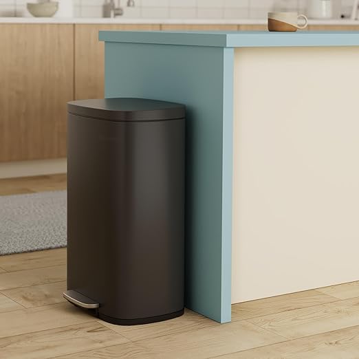SONGMICS 13 Gallon (50 L) Trash Can, Stainless Steel Kitchen Garbage Can, Recycling or Waste Bin, Soft Close, Step-On Pedal, Removable Inner Bucket, Black ULTB050B01-DeskLoop Office