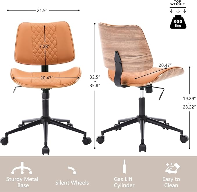 Home Office Chair No Arms with Wheels, Adjustable Height PU Leather Mid Back, 360 Swivel Computer Small Desk Chair, Armless Modern Walnut Style for Office, Reading Meeting Room(Brown)-DeskLoop Office