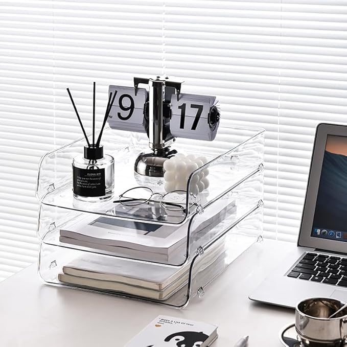 Gagee 2 Pack Paper Organizer for Desk,Clear Stackable Paper Sray, Office Desk Organizer for Notes, Pens, File, Document, Paper Holder -DeskLoop Office