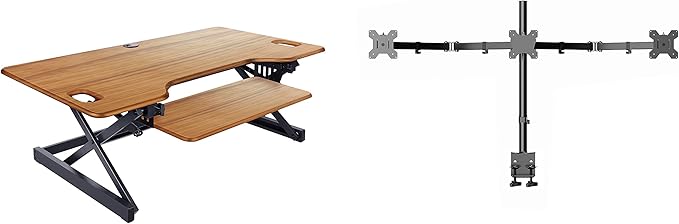 Rocelco 46" Large Height Adjustable Standing Desk Converter with Triple Monitor Mount BUNDLE - Sit Stand Up Computer Workstation Riser - Retractable Keyboard Tray - Teak Wood Grain (R DADRT-46-DM3)-DeskLoop Office