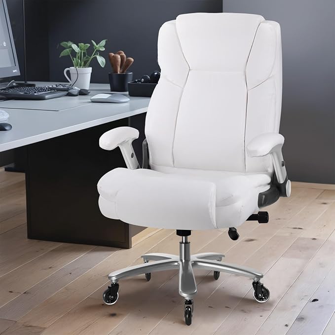Big and Tall Office Chair 600lbs, Ergonomic Heavy Duty Executive Office Chair, High Back Office Leather Chair with Adjustable Armrests and Lumbar Support, White Big Tall Chair for Heavy People-DeskLoop Office