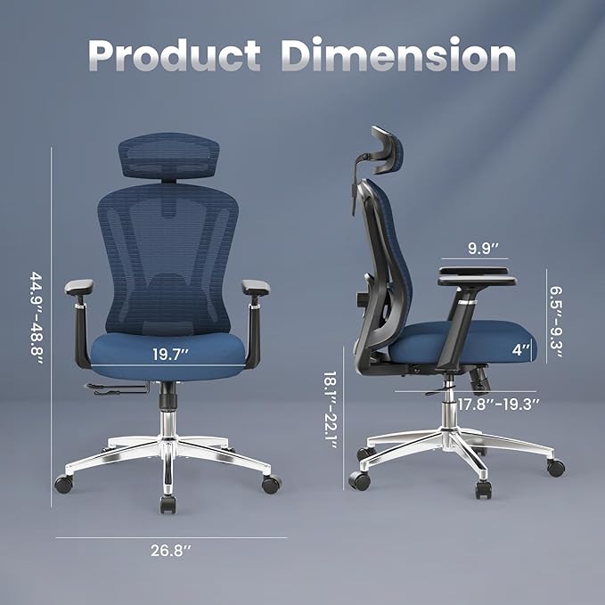 Farini Office Chair Ergonomic Desk Chair, High Back Computer Chair with Wheels, Home Sutdy Chair for Heavy People, Office Chair Adjustable Seat Depth, 3D Armrests and Adjustable Headrest, Blue-DeskLoop Office