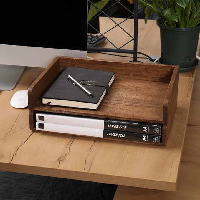 Desktop File Trays Stackable Paper Tray for Letter/A4 Size Magazine - Wood Office Document Organizer Shelf - Wooden Folder Organization Rack Desk Tray Pack of 2 Dark(2CTP-DK)-DeskLoop Office