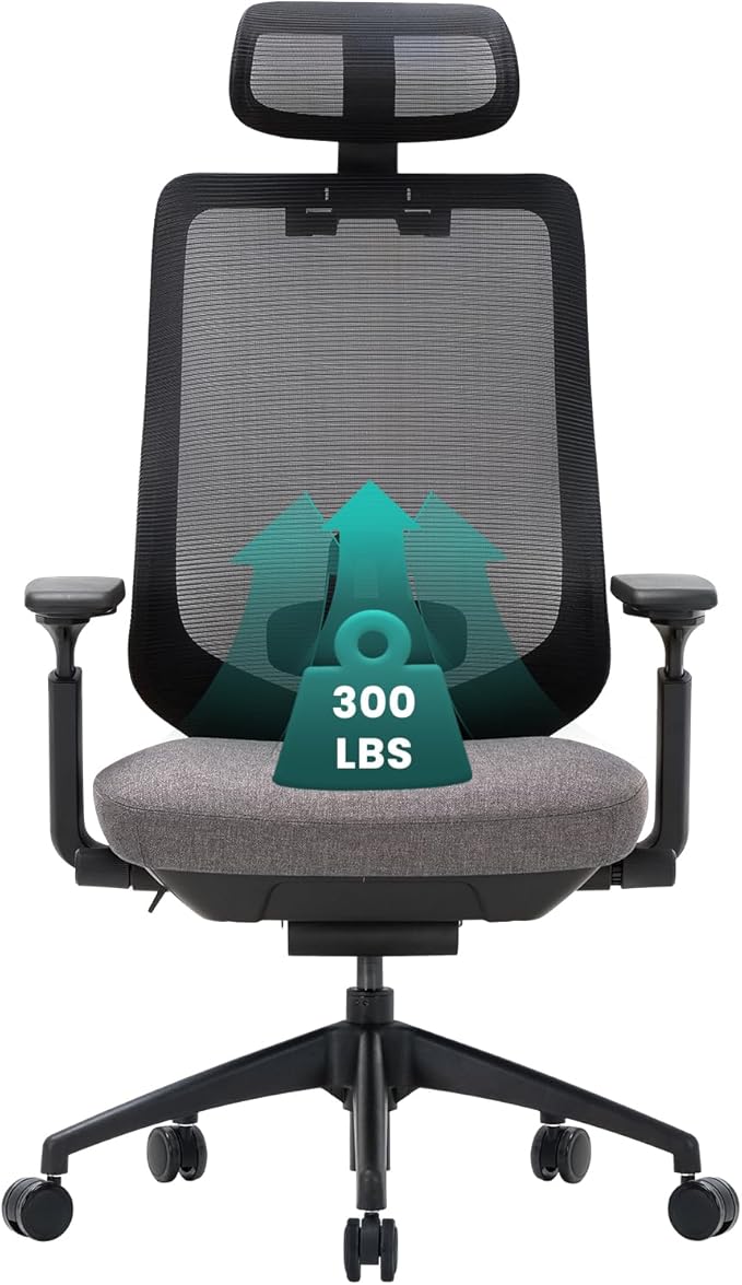 COLAMY Ergonomic Office Chair, High Back Office Executive Desk Chair, Mesh Office Chair Lumbar Support with Adjustable Headrest and 4D Arms, Slide Seat, Tilt Lock-Darkgrey-DeskLoop Office
