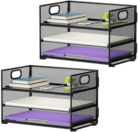Marbrasse 3 Tier Paper Organizer Letter Tray, Mesh File Organizer with Handle, Paper Sorter Desk Organizer for Home Office Supplies - 2p-DeskLoop Office