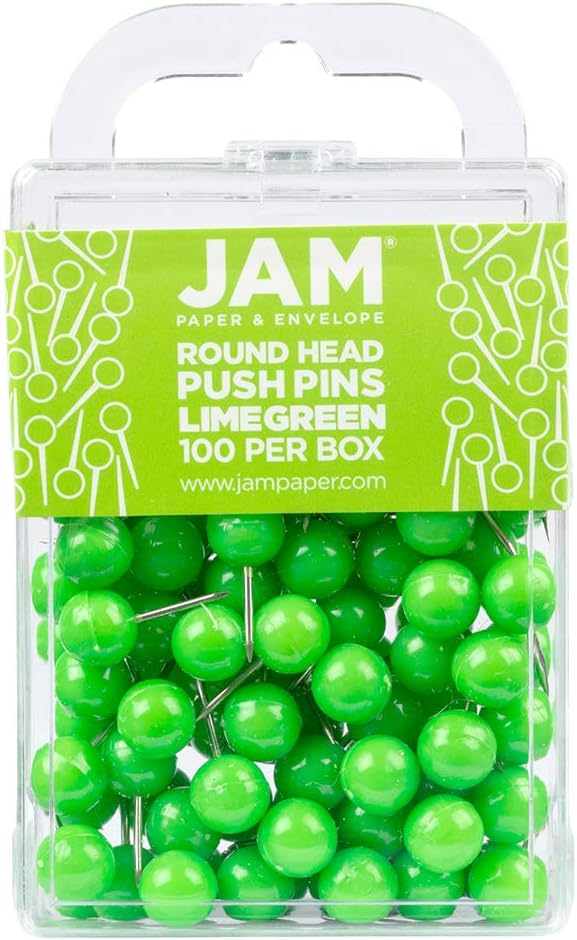 JAM PAPER Colorful Push Pins - Round Head Map Thumb Tacks - Lime Green Pushpins - 100/Pack-DeskLoop Office
