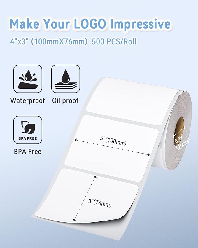 Phomemo 4"x3" Thermal Labels Roll for Small Business Supplies - Commercial Grade Logo Stickers for Business Customized - Waterproof Shipping Labels for Thermal Label Printer - 500 PCS Label Stickers-DeskLoop Office