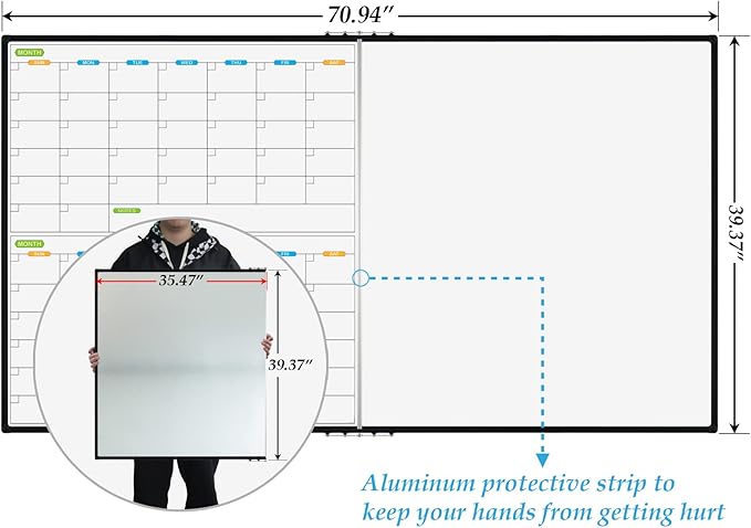 JILoffice Magnetic Foldable Dry Erase Calendar Whiteboard Combo, 2 Month Calendar Board & White Board 72 X 40 Inch, Black Aluminum Frame Wall Mounted Board for Office Home and School-DeskLoop Office