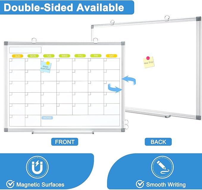 Dry Erase Calendar Whiteboard for Wall, WALGLASS 24" x 18" Magnetic White Board, Monthly Dry Erase Calendar with Silver Aluminum Frame, Double-Sided Hanging Portable Board for Office, Home, School-DeskLoop Office