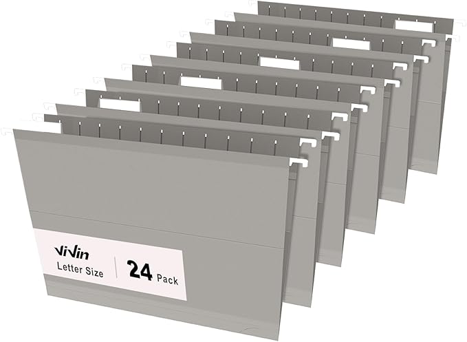 ViVin Hanging File Folders, 1/5-Cut Adjustable Tabs with 24 Per Box, 1 Inch Expansion, 24 Pack Letter Size Hanging File Folders, Designed for Office Home School Filing Cabinet(Gray)-DeskLoop Office