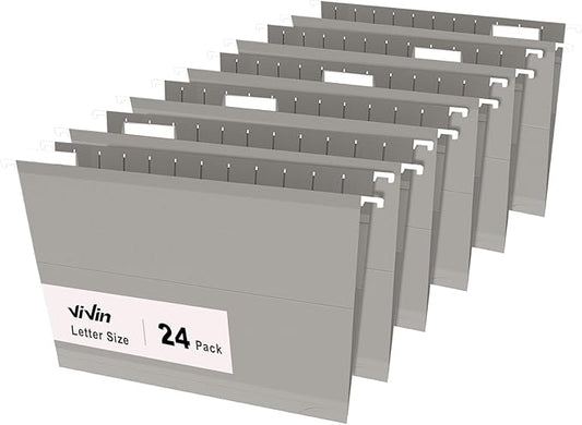 ViVin Hanging File Folders, 1/5-Cut Adjustable Tabs with 24 Per Box, 1 Inch Expansion, 24 Pack Letter Size Hanging File Folders, Designed for Office Home School Filing Cabinet(Gray)-DeskLoop Office