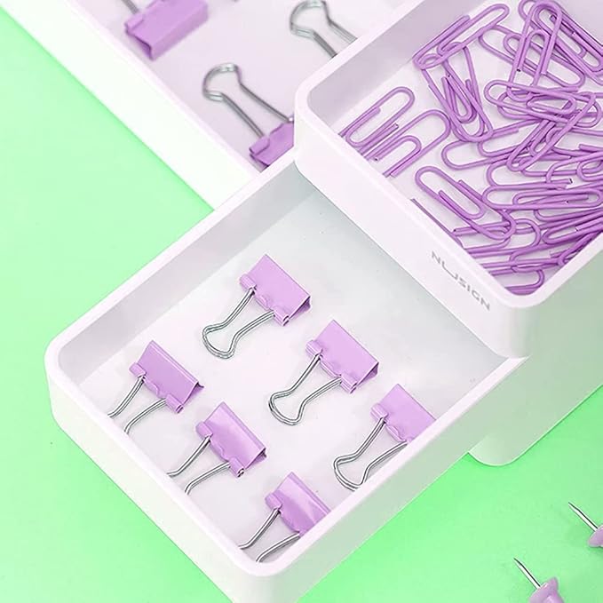 Purple Binder Clips and Paper Clips Push Pins Tacks Sets, Total 72 PCS Assorted Sizes Office Supplies Set for Women, Student, School, Home & Desk Supplies-DeskLoop Office