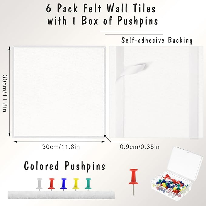 Large Cork Board 36" x 24", 6 Pack Felt Wall Tiles with Colored Pushpins, Bulletin Board with Removable Self-Adhesive Strips, Pin Board Cork Boards for Walls Office Home-White-DeskLoop Office