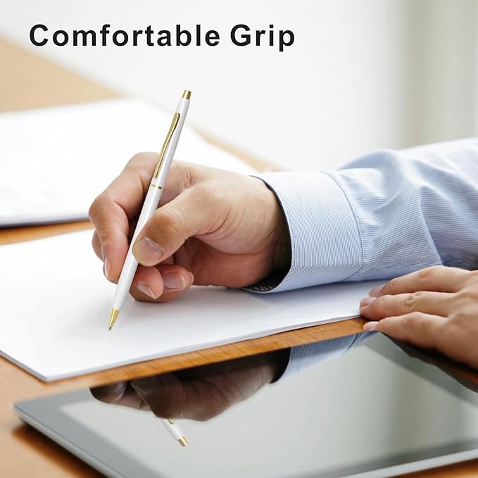 Cambond Ballpoint Pens White Pens - Black Ink Bulk Pens 1.0 mm Medium Point Retractable Metal Pen Comfortable Writing for Men Women Police Uniform Office Business, 10 Pack (White)-DeskLoop Office