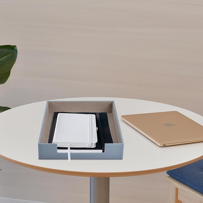 Leather Letter Tray,Stackable File Document Tray,Desk Organizer for Office Supplies,A4 Paper Case Rack,Desktop Organization,Pen Mail Magazine Storage Box (Grey)-DeskLoop Office