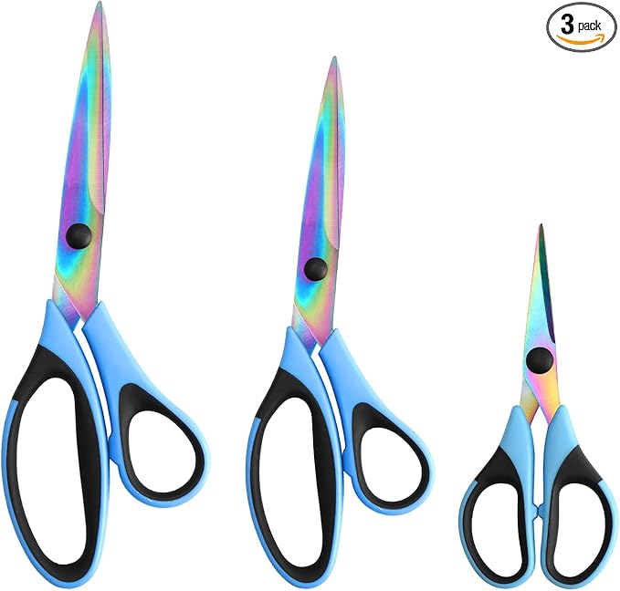 Craft Scissors Set of 3 Pack, All Purpose Sharp Titanium Blades Shears, Rubber Comfort Grip Handle, Multipurpose Fabric Scissors Tool Set Great for Office, Sewing, Arts, School and Home Supplies, Blue-DeskLoop Office