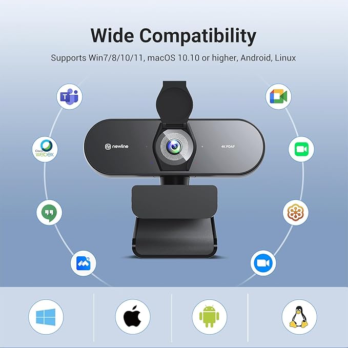 N newline 4K Webcam for PC, PDAF/CDAF Autofocus, 1080P@60FPS, 79° FOV, Auto Light Correction, 2 Noise Reduction Mics, Privacy Cover, USB-A, Streaming Camera for Skype, Teams, Online Meeting, NewEye 62-DeskLoop Office