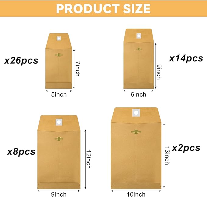 Frienda 4 Sizes Clasp Envelopes Kraft Paper Catalog Clasp Envelope with Closure for Filing, Storing or Mailing Documents, 50 Pieces(5 x 7 In, 6 x 9 In, 9 x 12 In, 10 x 13 In,Brown)-DeskLoop Office