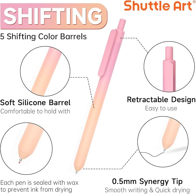 Shuttle Art Retractable Pastel Shifting Gel Ink Pens, 15 Pack Black Ink Pens, Cute Pens 0.5mm Fine Point Soft Aesthetic Barrel for Smooth Writing Journaling Taking Notes School Office Home-DeskLoop Office