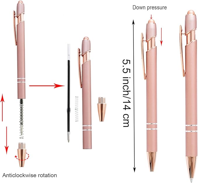 PASISIBICK 8 Pack Rose Gold Ballpoint Pen 2-in-1 Stylus Retractable Metal Stylus Pen for Touch Screens with Stylus tip, 1.0 mm Black Ink(8 PCS Rose Gold)