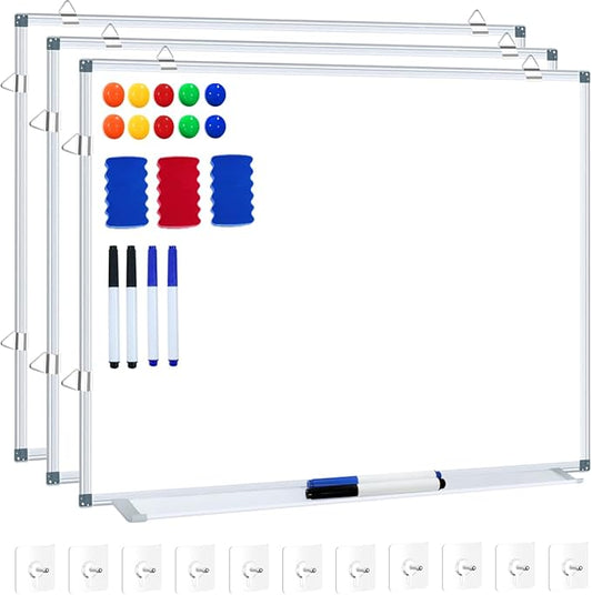 H-Qprobd White Board Dry Erase Whiteboard for Wall 24x18 (3pcs) Magnetic Boards for Office Classroom & Home, Small Wall Whiteboard Including 6 Markers, 10 Magnets, 2 Erasers & 15 Adhesive Hooks-DeskLoop Office