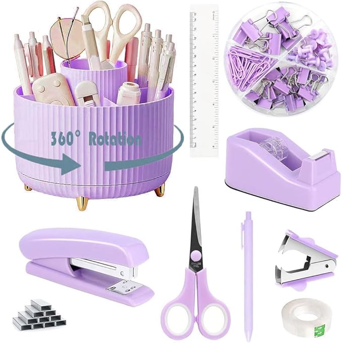 Purple Desk Organizers and Accessories 10Pcs Set with 360-Degree Rotating Pen Holder, Tape Dispenser, Stapler, Staple Remover, 1000 Staples, Tape, Clips Set, Ruler, Scissor, Pen (Purple)-DeskLoop Office