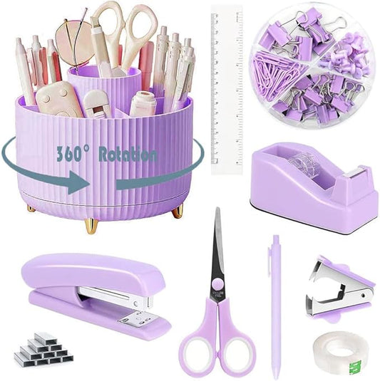 Purple Desk Organizers and Accessories 10Pcs Set with 360-Degree Rotating Pen Holder, Tape Dispenser, Stapler, Staple Remover, 1000 Staples, Tape, Clips Set, Ruler, Scissor, Pen (Purple)-DeskLoop Office