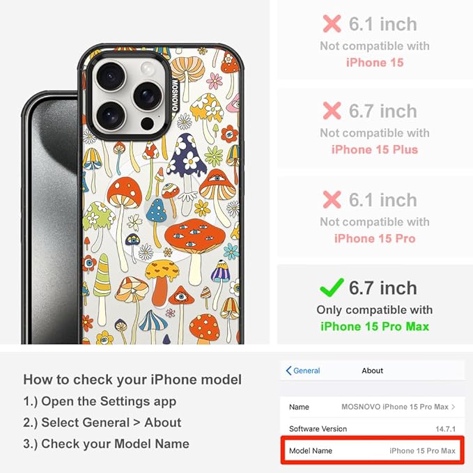 MOSNOVO Magnetic Case for iPhone 15 Pro Max, 10ft Military-Grade Protection, Compatible with Magsafe, Shockproof Phone Case for iPhone 15 Pro Max - Mushroom Art - Clear Black-DeskLoop Office