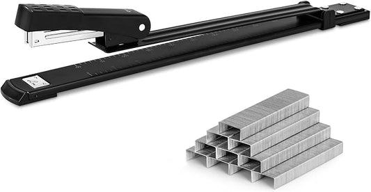 Deli Long Reach Stapler with 1000 Staples, 20 Sheet Capacity, Long Arm Standard Staplers for Booklet or Book Binding, Black-DeskLoop Office