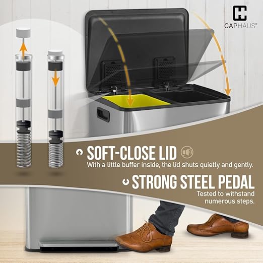 CAPHAUS Black Dual Trash Can w/Single Lid, Trash & Recycle Bins Combo, Hands-Free Stainless-Steel Garbage Can for Kitchen, with 2 Compartment, Hinged Lid, Odor Filters, Handles, 30L+30L, 2 x 8 Gal-DeskLoop Office