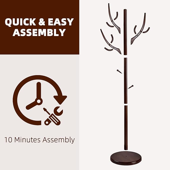 Uniclinens Coat Rack Freestanding Solid Wood Coat Tree Standing with 12 Hooks, Coat Rack Stand Creative Tree Branch-look (Dark Walnut)-DeskLoop Office
