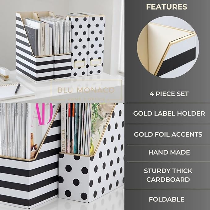 BLU MONACO Set of 4 Stylish Magazine File Boxes - 2 Black and White Stripes and 2 Polka Dots - Office Organization and Storage, Paper Organizer for Desk - Workspace and Classroom Organization-DeskLoop Office