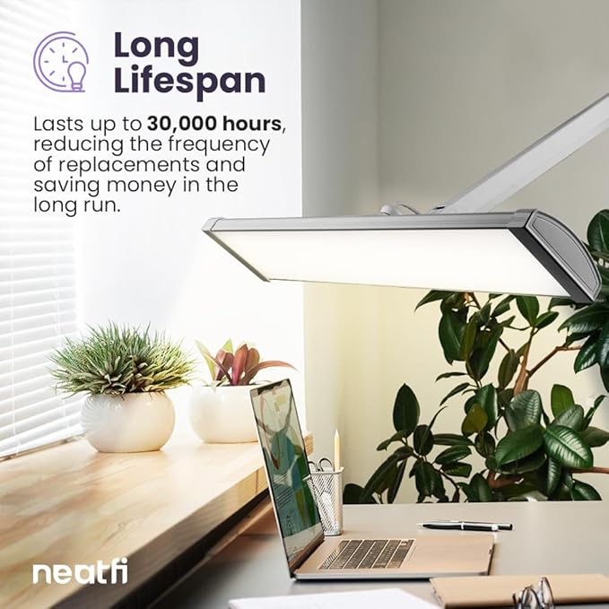 Neatfi Ultra 3,500 Lumen LED Desk Lamp, Color Correlated Temperature, 3 Light Modes, Dimmable, 45W, 26 Inch Wide Metal Shade, 540 SMD LEDs (CCT with Clamp, Silver)-DeskLoop Office