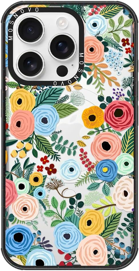 MOSNOVO Magnetic Case for iPhone 16 Pro, 10ft Military-Grade Protection, Compatible with Magsafe, Shockproof Phone Case for iPhone 16 Pro - Pastel Floral Garden - Clear Black-DeskLoop Office