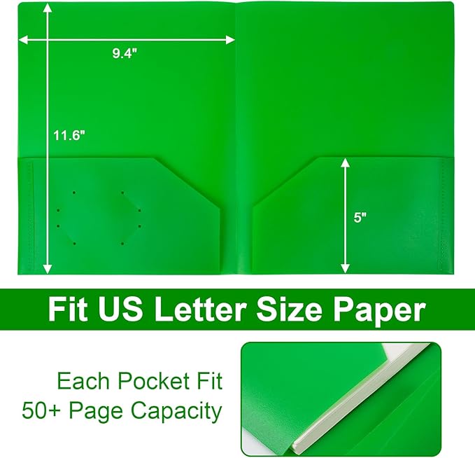 12-Pack Plastic Folders with Pockets,2-Pocket Poly Folders Holds 8-1/2" x 11" Paper for School/Office/Home, Green