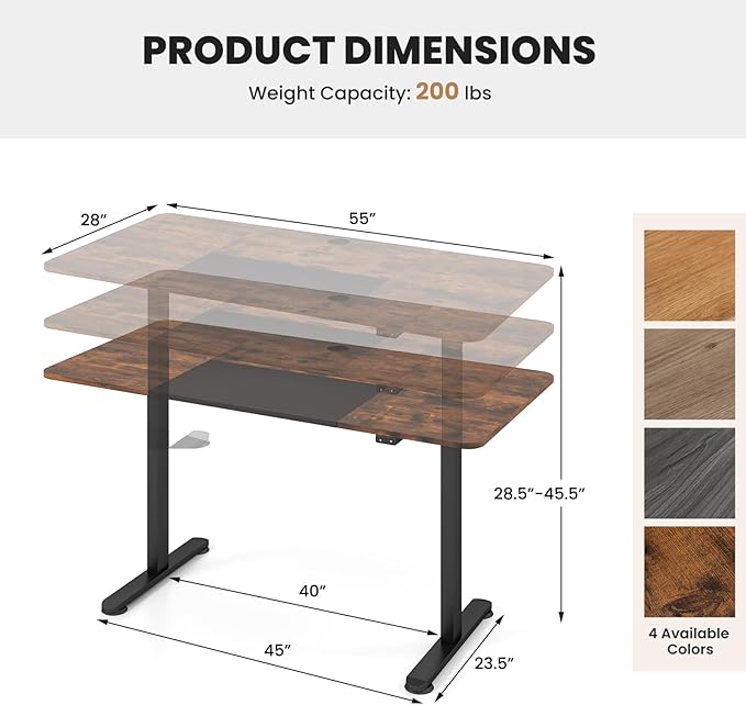 GOFLAME Height Adjustable Electric Standing Desk, 55 x 28 Inch Sit Stand Up Electric Desk with Metal Frame, Ergonomic Standing Workstation for Study, Office, Living Room, Brown-DeskLoop Office