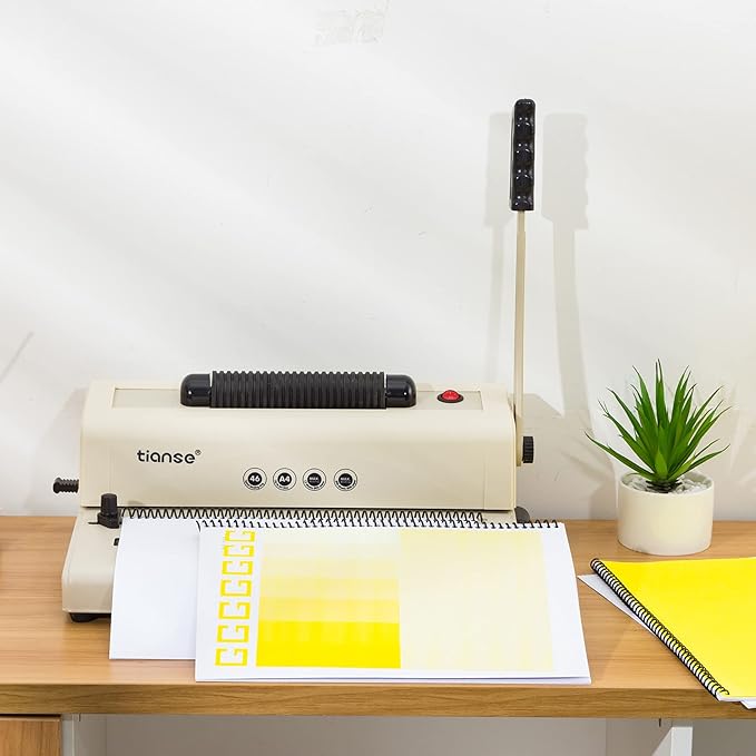 TIANSE Binding Machine, Spiral Coil Binder Machine, Electric Coil Inserter, 15 Sheets Punch Capacity, Suit for Letter Size / A4 / A5 Book Maker, with 100pcs 5/16'' Plastic Coil Binding Spines & Plier