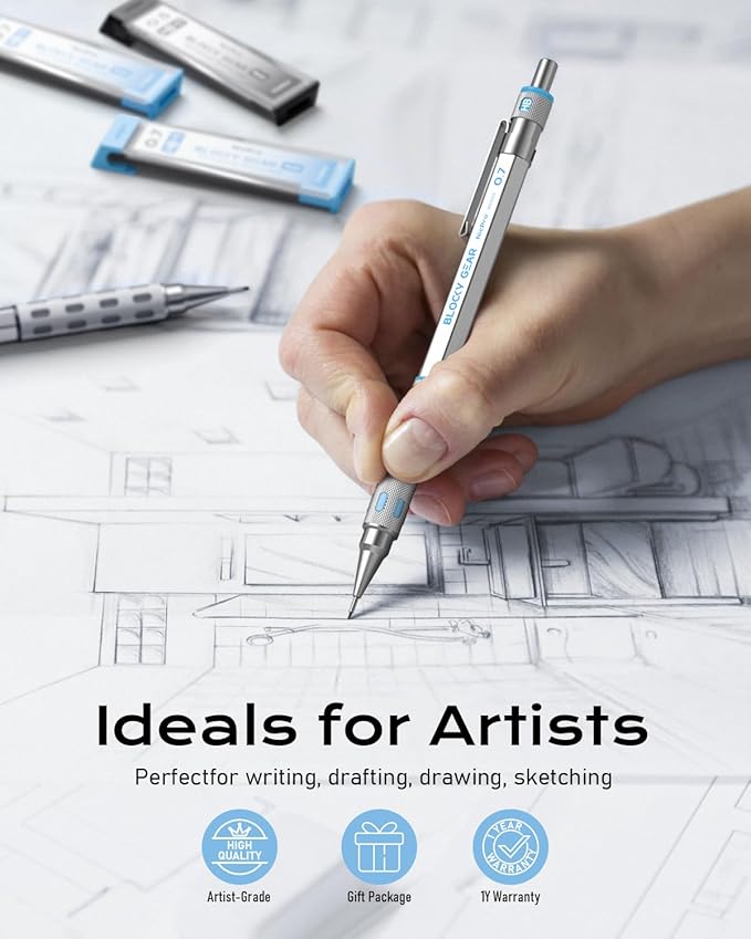 Nicpro Blocky Gear 0.5 mm & 0.7 mm Mechanical Pencils Set in Case, Metal Pencil with 6 Tube Lead Refills, Eraser, Eraser Refills for Professional & Adult Art Writing Drafting Drawing Sketching-DeskLoop Office