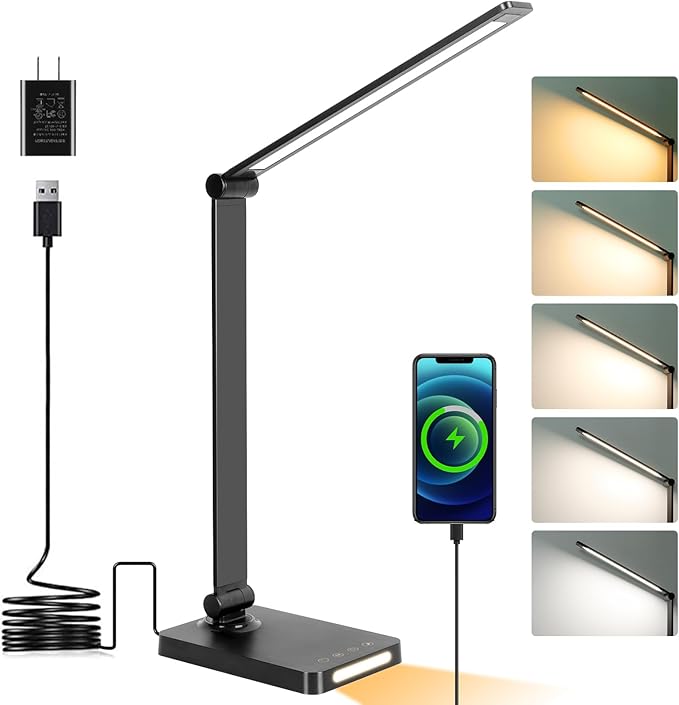 LED Desk Lamp with USB Ports,Touch Desk Lamps for Home Office with 5 Color Modes,3 Brightness Desk Light with Small Night Light,Reading Lamp Table Lamp for Bedroom Bedside Study Black (with adapter)