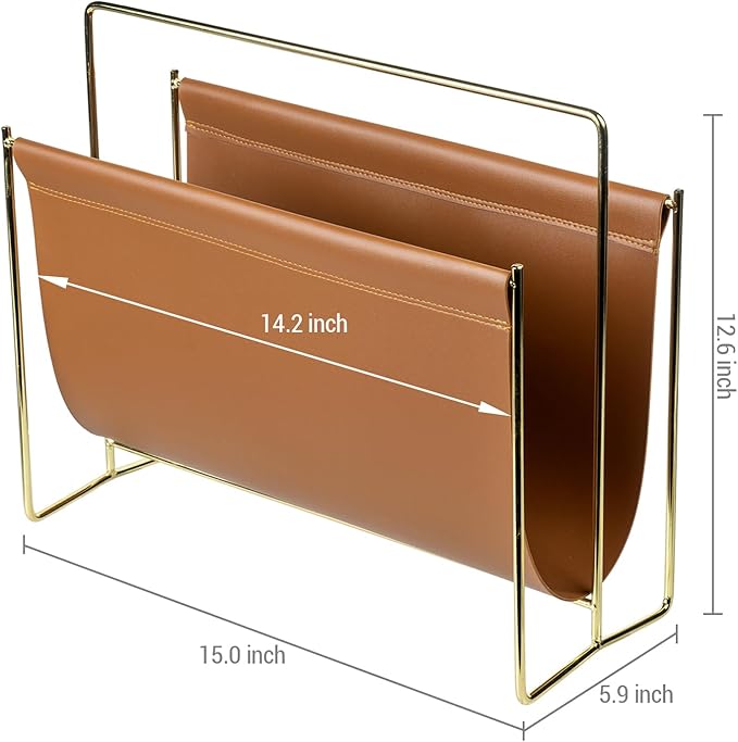MyGift 15-Inch Modern Brown Leatherette & Brass Plated Metal Magazine Holder – Floor Standing Faux Leather Sling Style Newspaper Rack for Home, Bathroom, Office Decor-DeskLoop Office