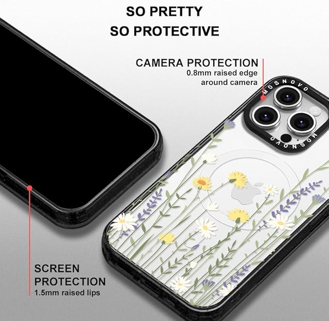 MOSNOVO Magnetic Case for iPhone 16 Pro Max, 10ft Military-Grade Protection, Compatible with Magsafe, Shockproof Phone Case for iPhone 16 Pro Max - Wild Meadow - Clear Black-DeskLoop Office